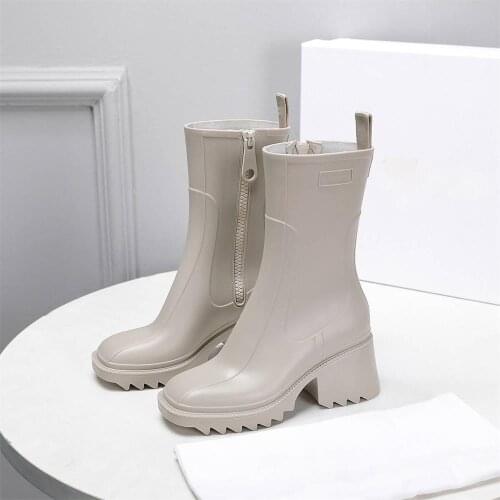 2021 Women Rainboots With Zipper High Heels Square Toe PVC Solid Ladies Shoes Fashionable Luxury Designer