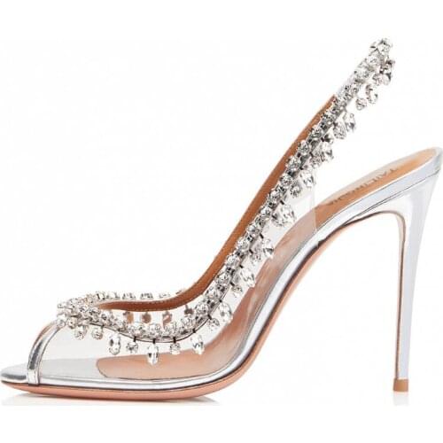 Hot selling sexy transparent PVC patchwork high heel shoe 2018 open toe crystal embellished thin heels woman pumps wedding heels