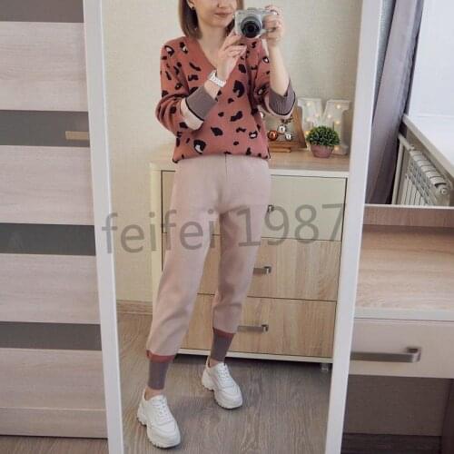 Women Knitted Tracksuits 2 Piece Sets Women Costume V Neck Leopard Pullover Sweater + Knitted Pencil Pants Suits