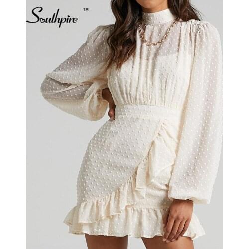 Southpire Women Beige High N-Neck Elagant Party Dress 2021 Autumn Winter Sexy Mini Party Dress Long Sleeve Ladies Day Clothing
