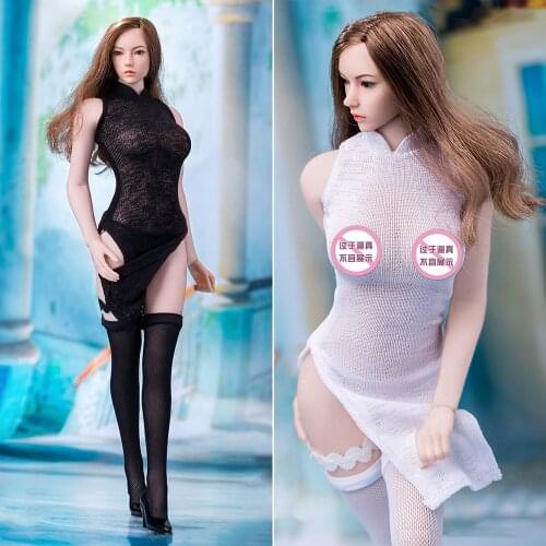 White/Black 1/6 Female Figure Clothing MM015 High Split Translucent Cheongsam Dress Suit for 12'' Action Figure Body Model