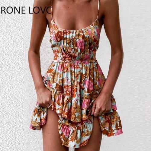 Women Spaghetti Strap Floral Print Ruffle Hem Ruched Cami Dress Women Summer Dress 2021