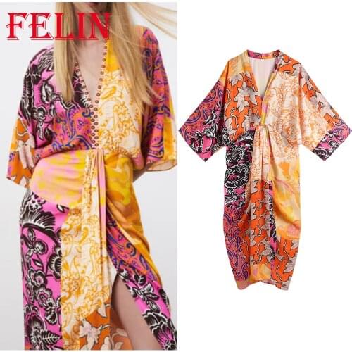 Za 2021 Women Vintage Floral Kimono Dress Short Sleeve V Neck Sexy Pleated Midi Dress Autumn Spring Elegant Mujer Vestidos