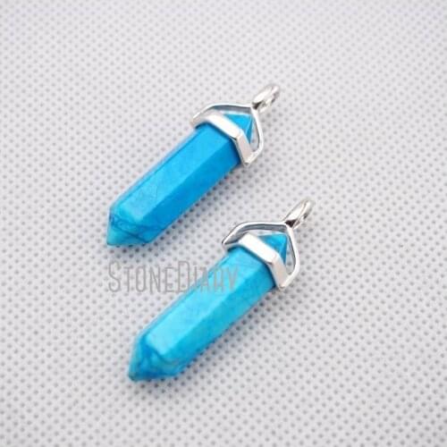 H-PP22 10pcs Blue Howlite Crystal Pillar Point Charm Jewelry Pendant with Silver Cap 32mmx9mm