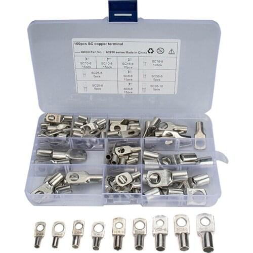 100PCS Heavy Duty Wire SC Ring Terminals Tinned Copper Battery Cable Ends Lugs Terminals Connectors Kit With Box