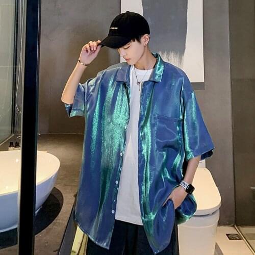 Colorful Shiny Long Sleeve Shirt Men Harajuku Oversized Silk Shirts Plus Size 5XL Spring Summer Fashion Blouse For Women