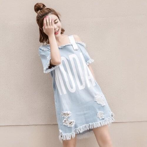 Korean Style Jean Dresses Women 2020 Denim Overall Dress Women Suspenders Hold Ripped Loose Dress Summer Sundresses Jeans AA5327