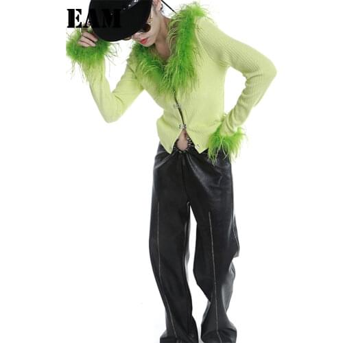 [EAM] Feather Green Knitting Cardigan Sweater Loose Fit V-Neck Long Sleeve Women New Fashion Tide Autumn Winter 2021 1DE2392