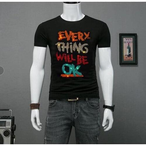 T-shirt Men 2021 Summer Fashion Slim Casual Rhinestone Cotton Tshirts High Quality Streetwear Big Size M-5XL Tops Male