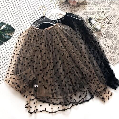 HISUMA Autumn Women Embroidery Polka Dot Lace Lantern Sleeve Basic Shirt Lady Sexy Elastic Mesh Gauze Pullover Chic Blouse Tops