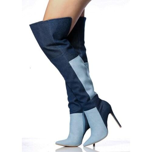 Customized Sexy High Heeled Shoes Woman Color Matching Denim Over-the-knee Boots Thin Heels Pointed Toe Booties Botas Feminina