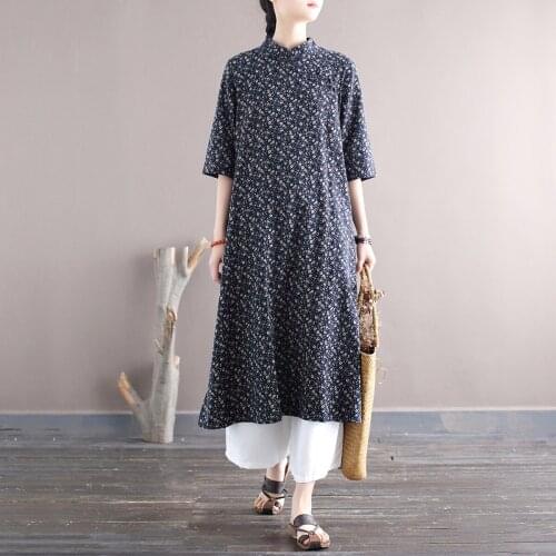 Johnature Women Print Floral Dress Chinese Style Stand Half Sleeve Cheongsam 2021 Summer Cotton Linen Female Vintage ALine Dress
