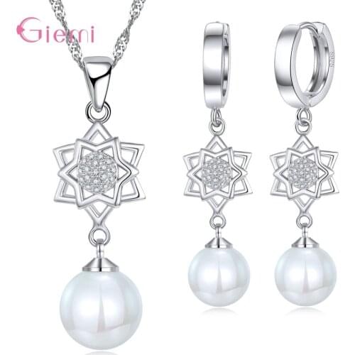Geometric 925 Sterling Silver Hexagram Earring Necklace Jewelry Sets for Women Girl Fashion Trendy Pearl Cubic Zircon Ornament