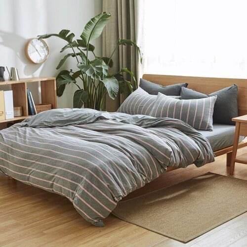 100% Cotton bedding set 4pcs queen king size solid gray fitted sheet sports style jersey knit pink stripe duvet covers bedlinen