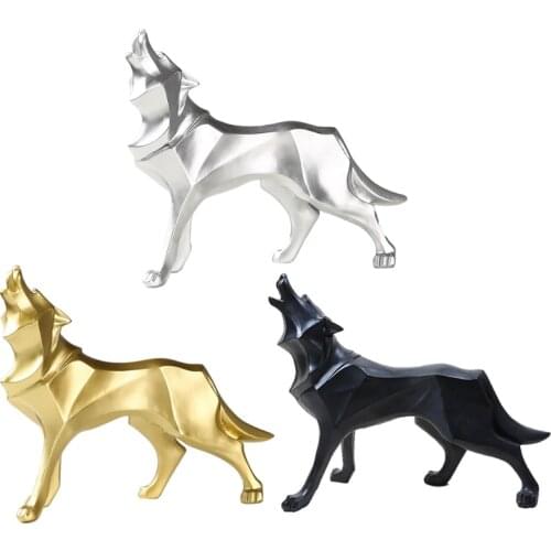 Creative Nordic Abstract Resin Wolf Statues Carved Metallic Geometric Animal Sculpture Figurines Modern Home Decoration