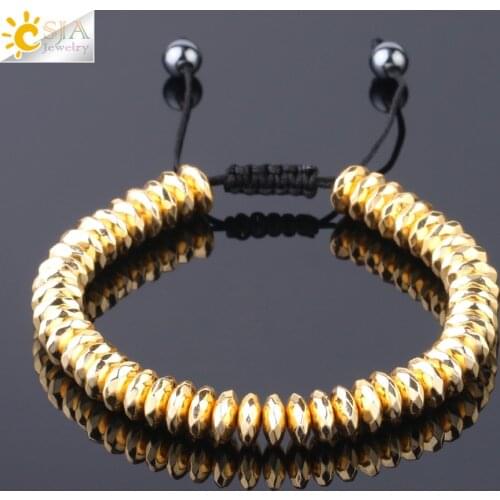 CSJA Natural Stone Magnetic Hematite Bracelets Gold Color Coating Faceted Beads Adjustable Weave Bracelet Women Men Jewelry F802