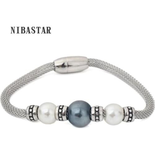 Fashion Stainless Steel Mesh Silver Color Retro Bead With White Blue Round Pearl Beads Bracelets for Christmas & New Year Gift
