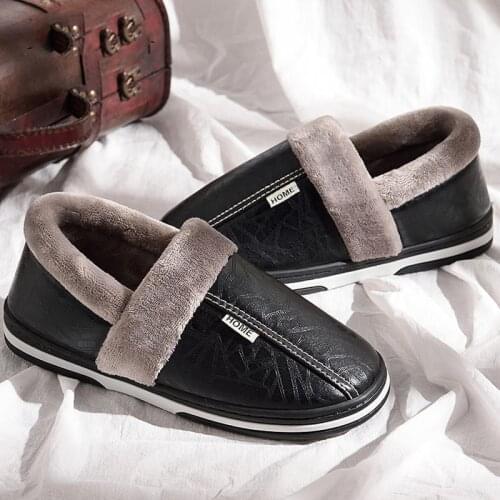 Men slippers leather winter shoes men plush warm house slippers waterproof 2021 anti dirty plush non-slip male shoes plus size