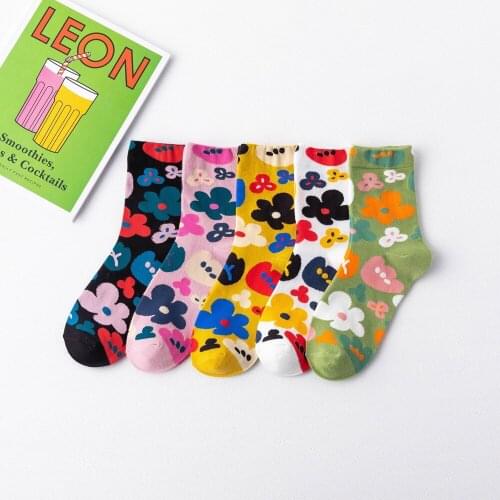 Socks Female Mid-Tube Korean Flower Cotton Socks European And American Tide Socks College Style Spring And Autumn Japanese Girl