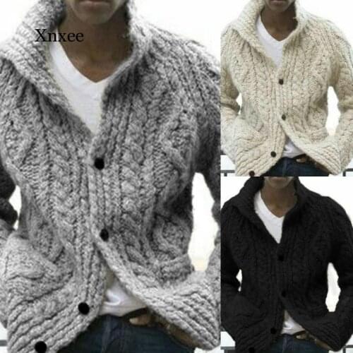 Autumn Winter Solid Color Retro Sweater Men Single Breasted Knitted Loose Plus Size Outwear Tops