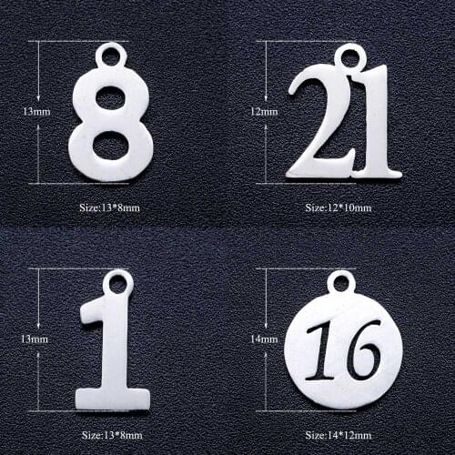 10pcs/lot Number 1-10 16 21 DIY Jewelry Charms Wholesale 100% Stainless Steel Charm for Necklace Making Never Tarnish Pendants