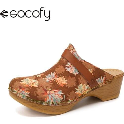 SOCOFY Calico Printed Cloth Comfy Wearable Slip On Wood Mules Clogs Casual Low Heel Sandals 3-5cm Height Shoes For Easter Gifts