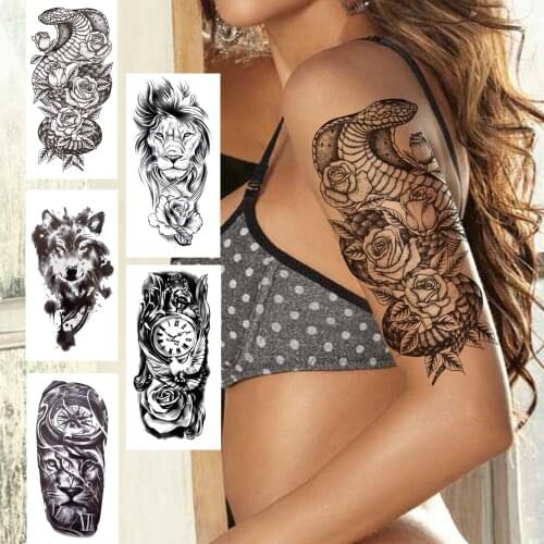 Ferocious Snake Flower Temporary Tattoos For Women Men Adult Black Wolf Lion Tattoo Sticker Fake Coyote Animal Tatoos Old School