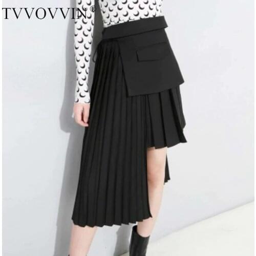 TVVOVVIN 2020 Spring New Irregualr Pleated Skirt High Waist All-match Females Asymmetrical Bandage Design Bottoms L450