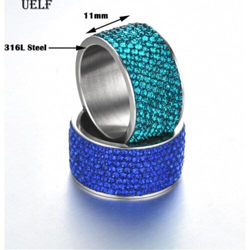 Uelf High Quality Punk Rock Stainless Steel Ring Men Blue Red Green Crystal Ring For Women Wedding Ring Jewelry 7 8 9 10 11 12
