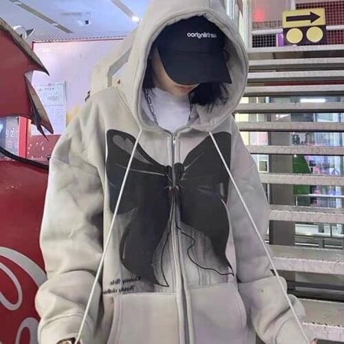 Hip-Hop Streetwear Hoodie women Bowknot Print Jacket Coat 2021 Autumn Harajuku Cotton Casual loose sweatshirt Outwear Black ins