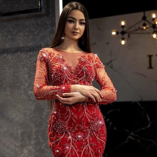 Gorgeous Floor Length Mermaid Evening Dress Long Sleeve with CrystalBeadings 2021 O-Neck Special Occasion Gowns