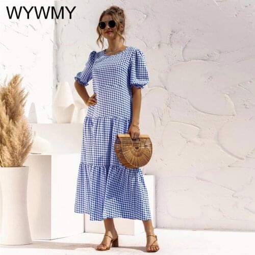 WYWMY Blue Dot Plaid Maxi Dresses for Women Summer 2021 New Fashion Casual Loose O-Neck Puff Sleeve Women Long Dress Vestidos