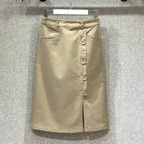 2020 Summer Spring Womens Buttons Placket Black Khaki Stretchy Denim Skirt , Fall Korean Casual Mid Calf Jeans Skirts for Woman