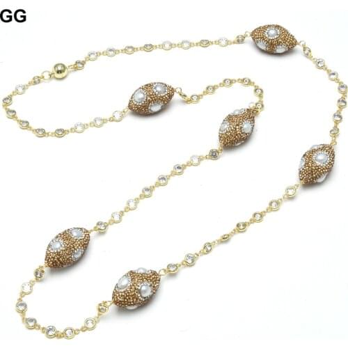 GuaiGuai Jewelry Natural White Keshi Pearl Crystal CZ Pave Station Chain Necklace Gold Plated Cz Chain 39" Handmade For Women