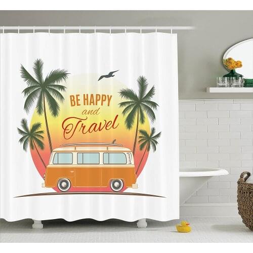 Surf Shower Curtain Retro Surf Van with Palms Camping Relax Hippie Travel Be Happy Free Sixties Theme Waterproof Bath Curtains