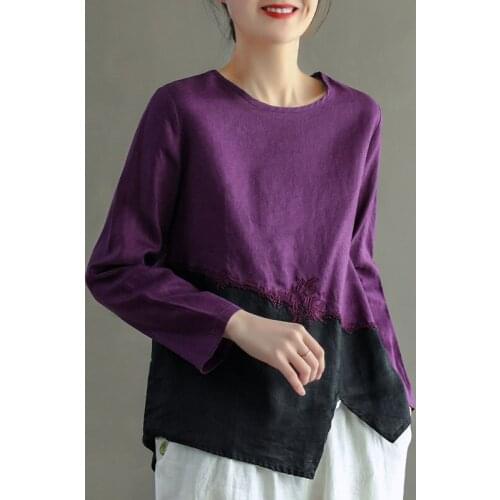 Johnature Vintage Women Linen T-shirts O-Neck Long Sleeve Embroidery Patchwork Loose Tops 2021 Autumn New Comfortable T-shirt