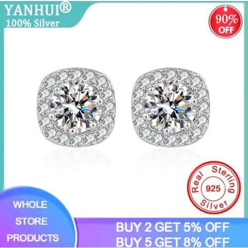 YANHUI 2020 New Trendy 925 Sterling Silver Round Rhinestone Stud Earrings Gift Wedding Jewelry Pendientes Brincos Fine Jewelry