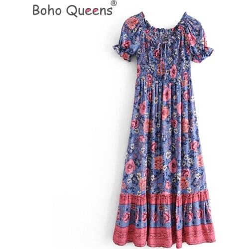 Boho Queens women Floral print beach Bohemian midi dress Ladies rayon cotton off shoulder happie sundress vestidos