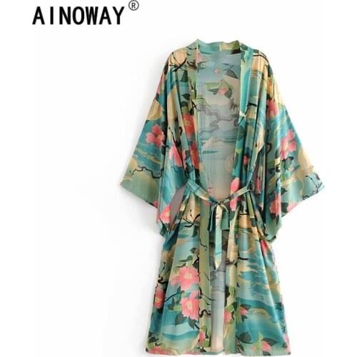 Green Crane Floral Print Boho Kimonos Women bohemian V Neck batwing Sleeves rayon cotton happie beach cover-ups