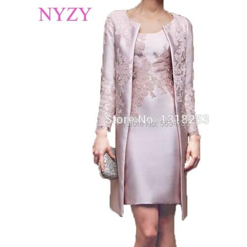 Pink Satin Lace Appliques 2 Piece Mother of the Bride Dresses with Jacket 2020 NYZY M2 Wedding Party Guest Wear Robe Cocktail