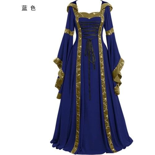 Medieval Women Dress Holloween Cosplay Costume Plus Size Retro Victoria Hooded Dress Square Collar Trumpet Sleeves Maxi Dress
