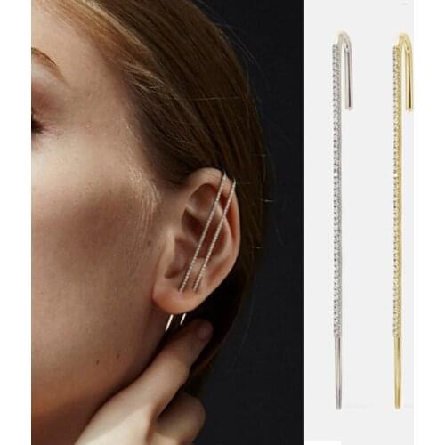 1PCS AAA Zircon Crystal Stripe Long Bar Ear Hook, Elegant Women Ladies Ear Clip in Gold, Silvers
