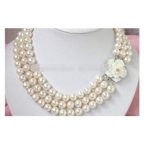 >> 7-8mm 3Strands White Pearl Necklace cameo Clasp