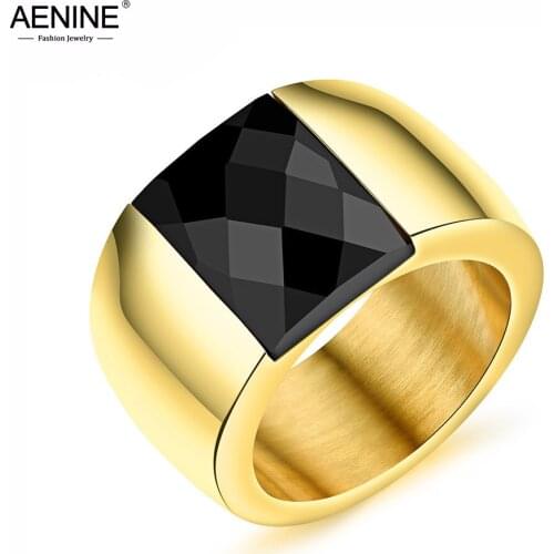 AENINE Neo-Gothic Black Square CZ Crystal Ring Gold Color Hiphop/Rock Style Stainless Steel 14mm Width Rings For Boy AR19082