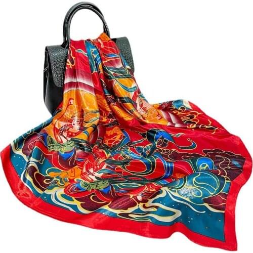 AMYO Square Scarf Silk Satin Bandana Women Chinese Element Print Summer Bag Wrap Indian Muslim Islamic Kerchief