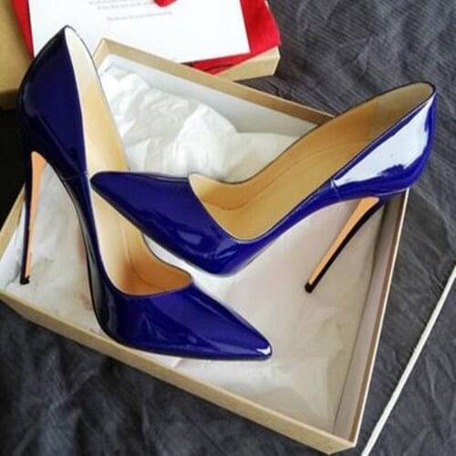 Free shipping lady women Blue Patent Leather High Heel Pumps 8 10 12cm Stiletto Heel Dress Shoes Pointed Toe Banquet Shoes