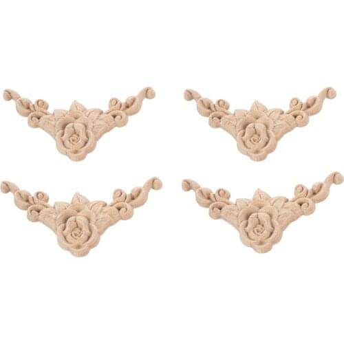 4pcs 8*8cm Wood Carved Corner Onlay Applique Door Cabinet Rose Unpainted European Style