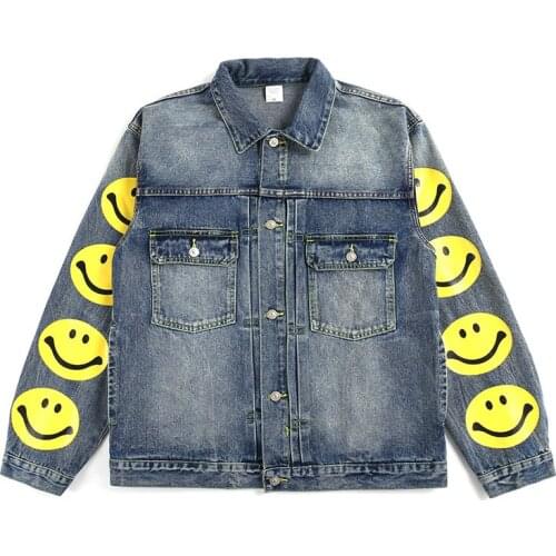 Kapital man high street denim jacket trendy people simple loose wash white smile face print denim jacket