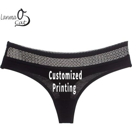 Text Picture Image Print Cotton Lace Underwear Women Sexy Custom Lace Thongs Underwear Printed Logo Cotton Lace G String Panty
