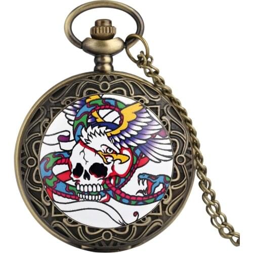 Exquisite Art Printing Retro Antique Skull Eagle Snake Design Quartz Pocket Watch Analog Necklace Clock 80cm Chain Dropshipping